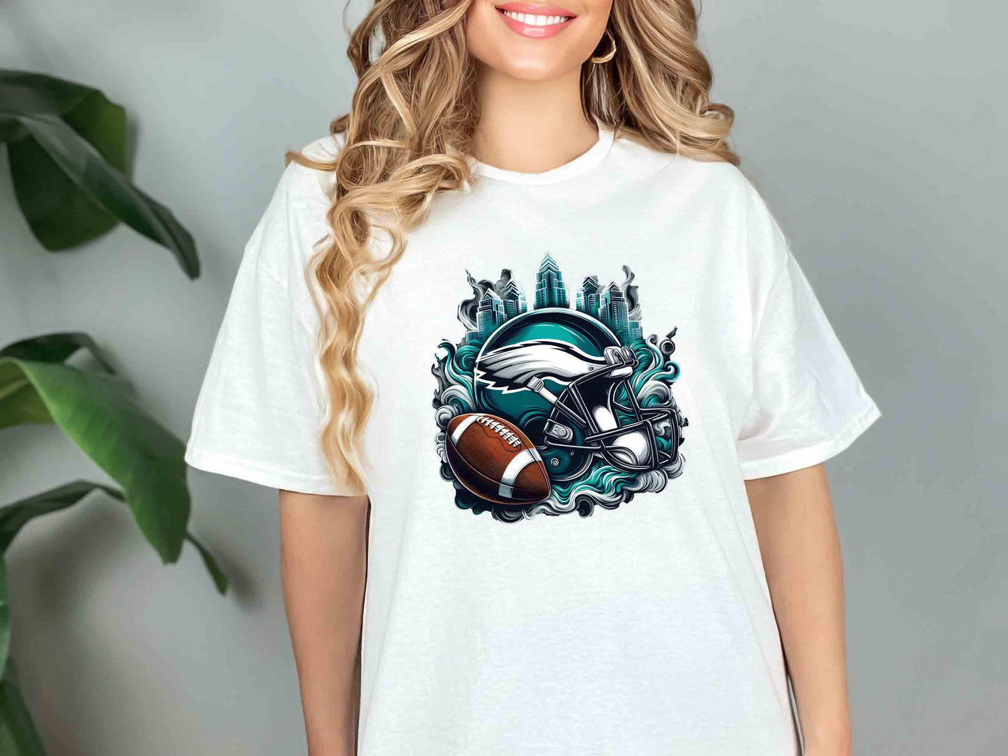 a woman wearing a philadelphia eagles t - shirt