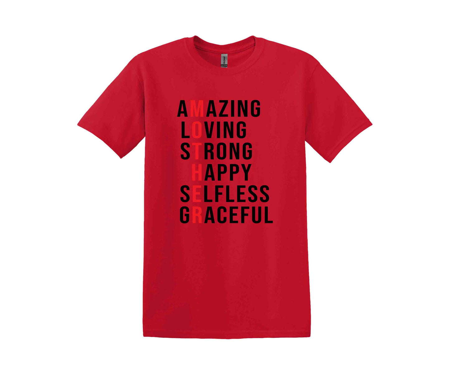 a red t - shirt with the words amazing living and happy selfless graceful