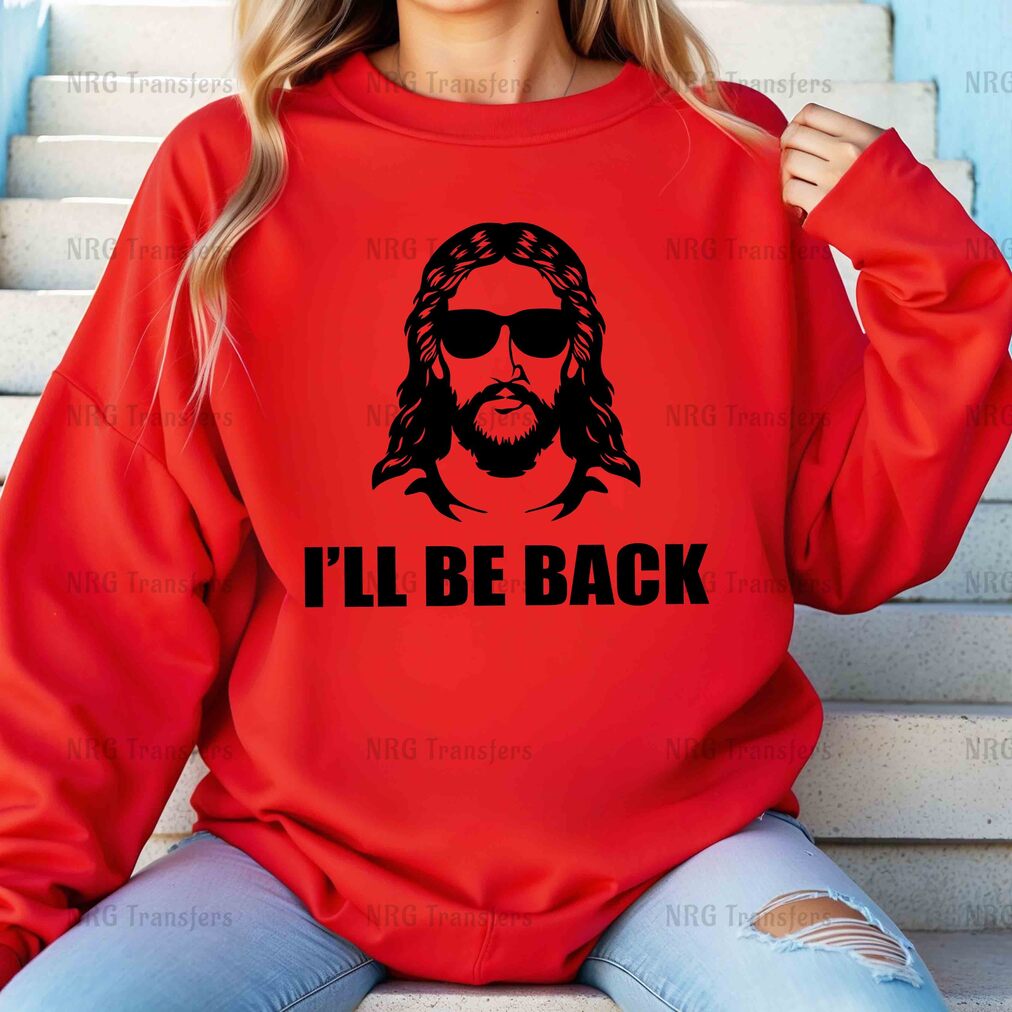 a woman wearing a red sweatshirt that says i'll be back