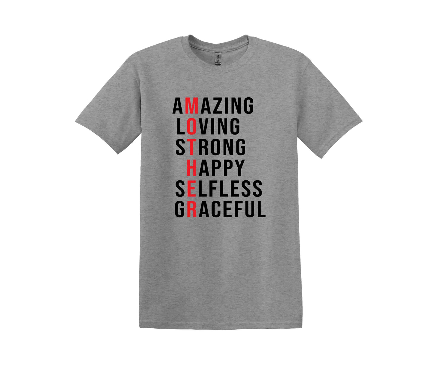 a gray t - shirt with the words amazing loving, strong, happy, self