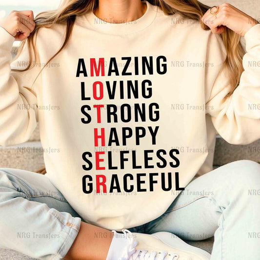 a woman sitting on a couch wearing a sweatshirt that says amazing loving strong happy self