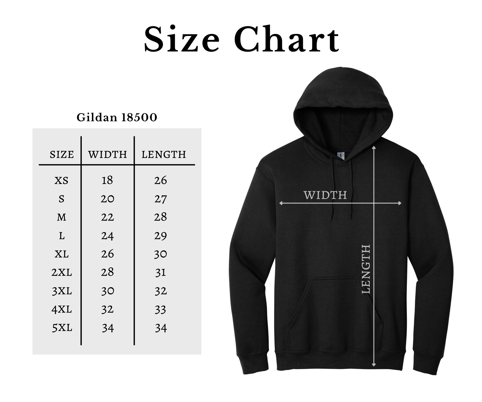 a size chart for a black hoodie