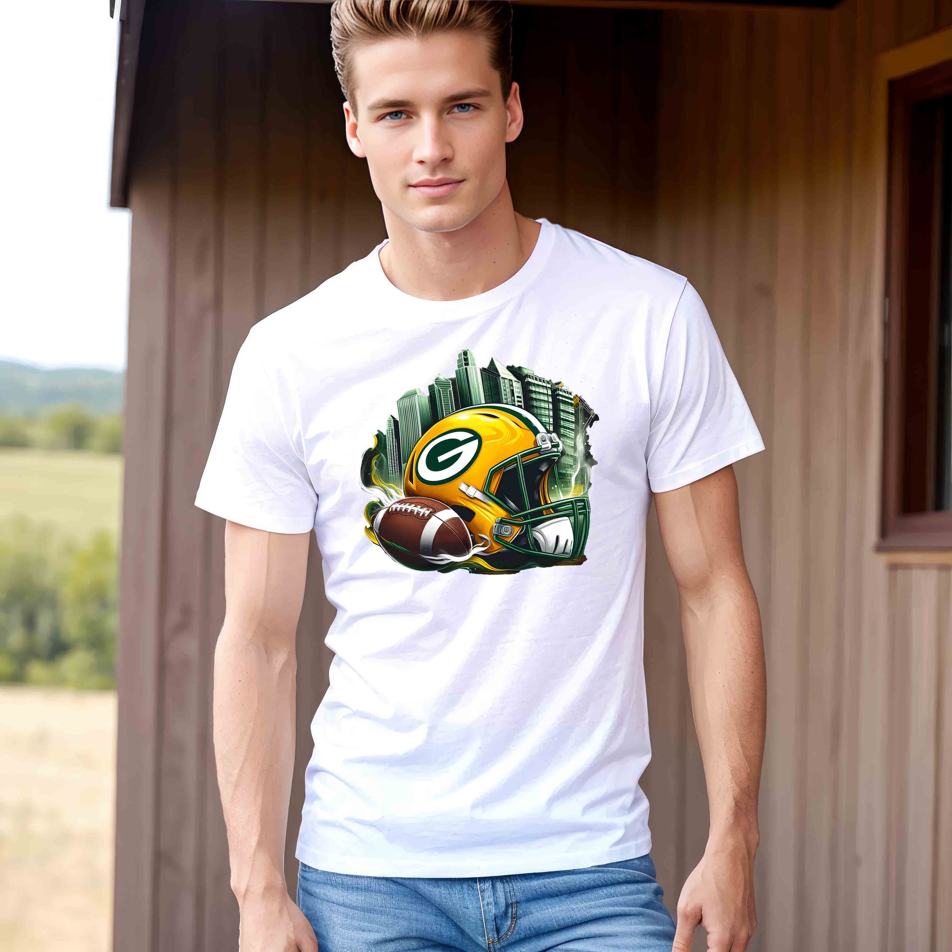 a young man wearing a green bay packers t - shirt