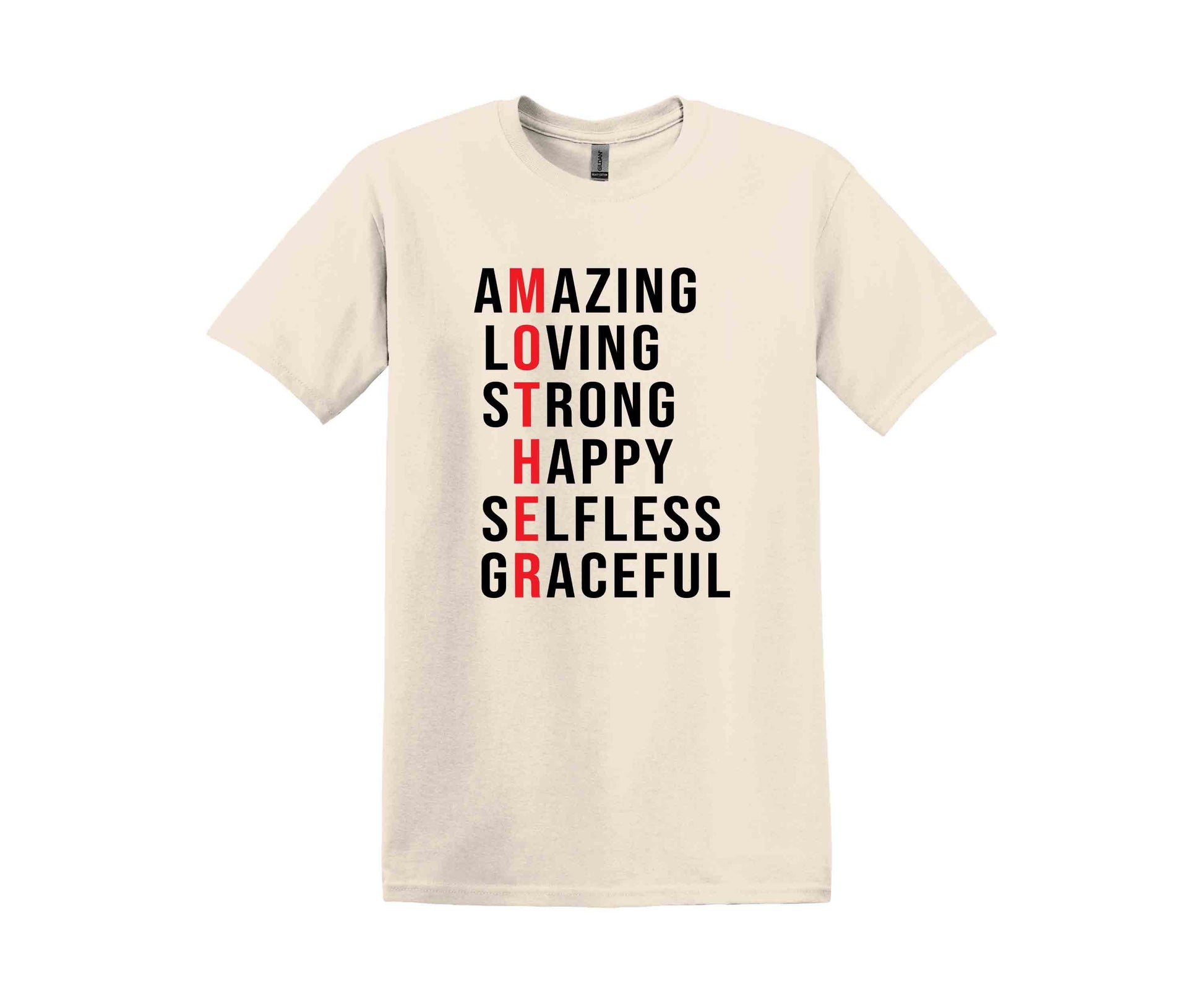 a white t - shirt with the words amazing loving, strong, happy, self