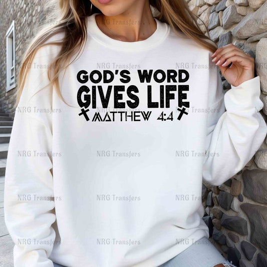 a woman wearing a sweatshirt that says god's word gives life