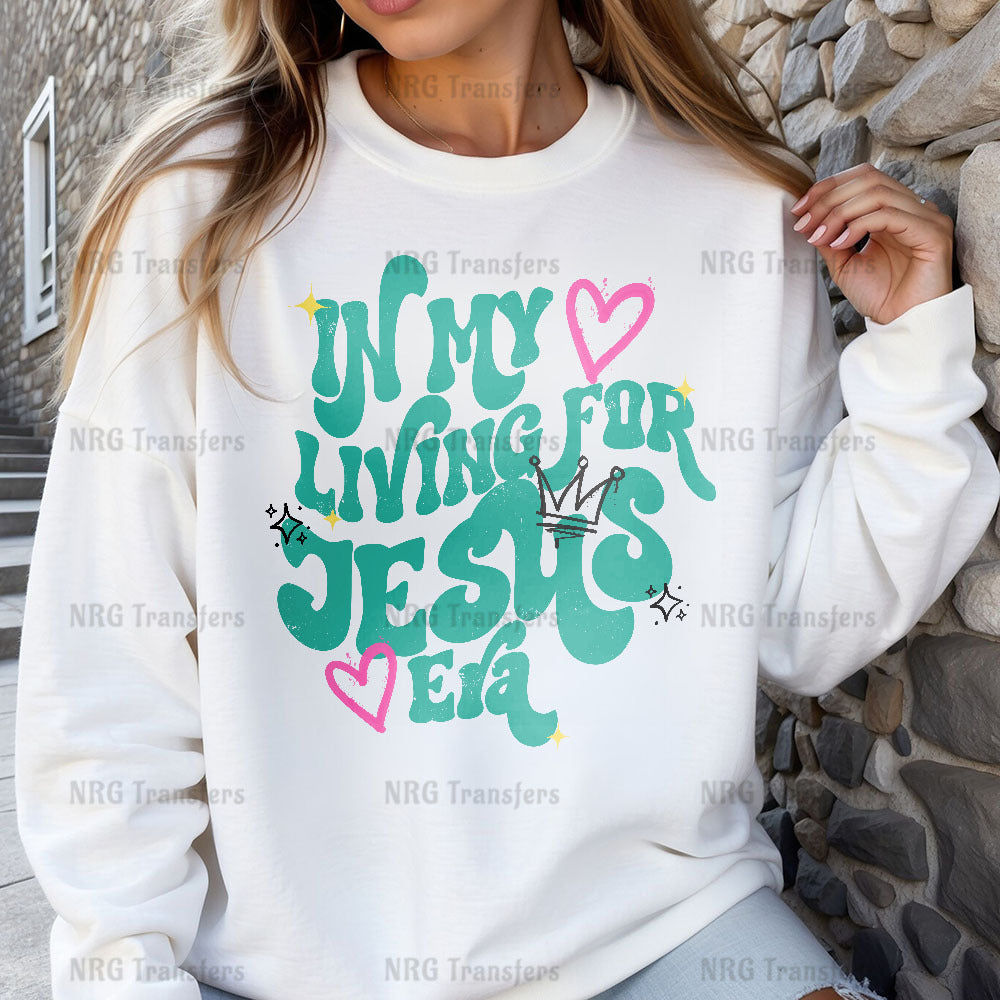 a woman wearing a white sweatshirt with a green tree on it