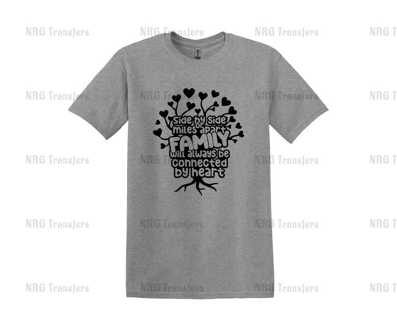 a grey t - shirt with a tree and hearts on it