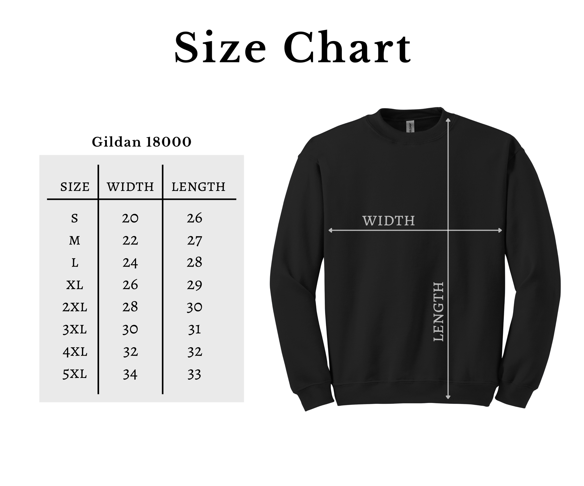 a size chart for a sweatshirt with measurements