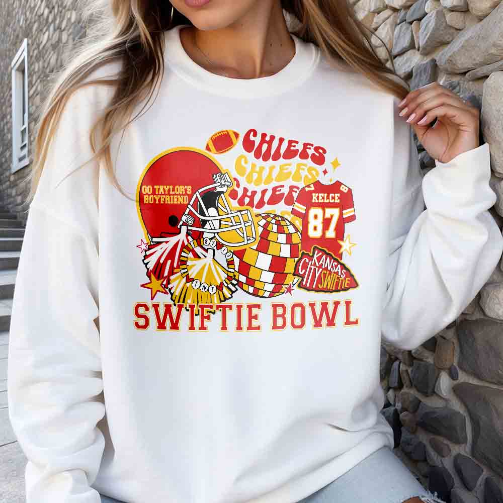 a woman wearing a sweatshirt that says chiefs super bowl