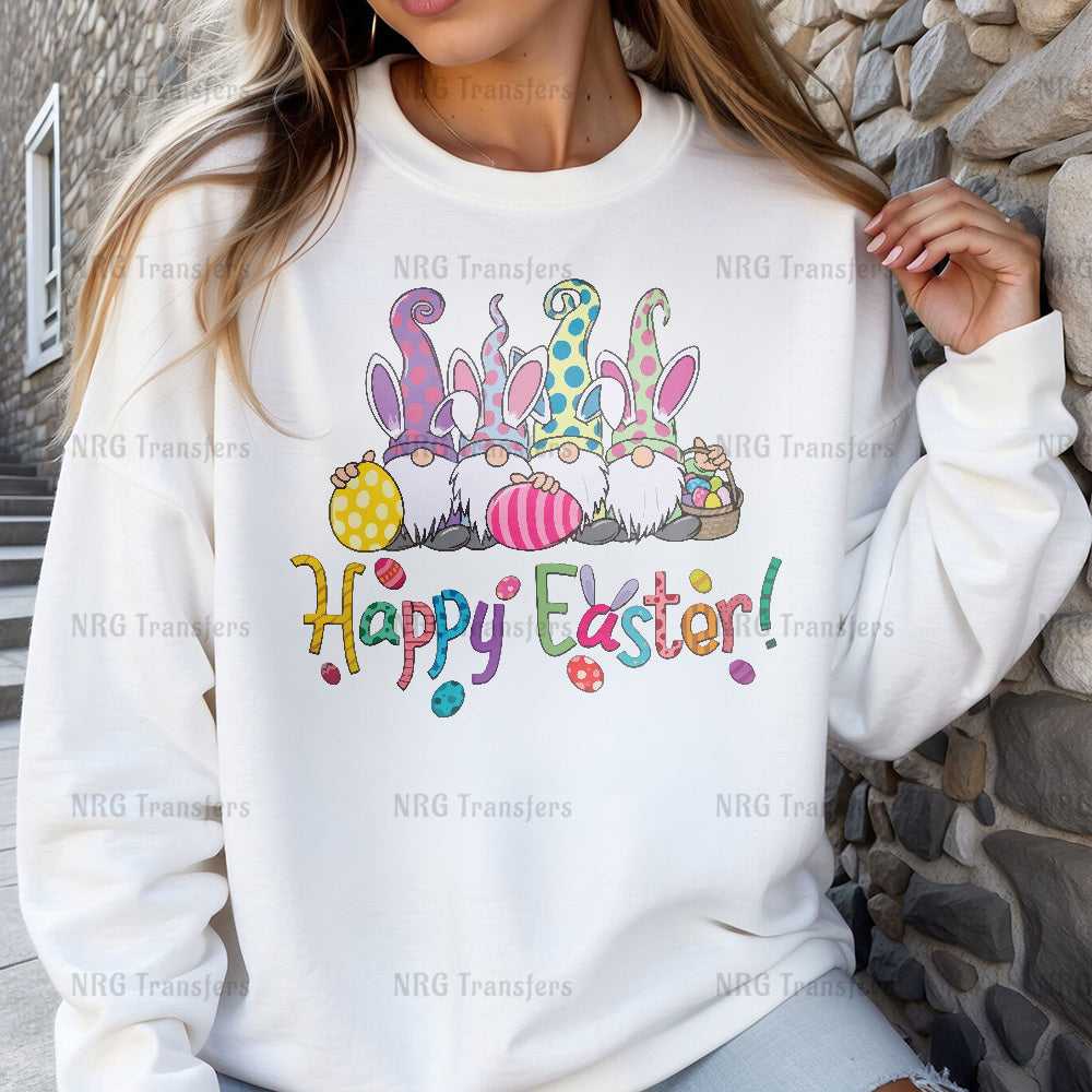 a woman wearing a white happy easter sweatshirt